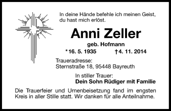 Anzeige von Anni Zeller von Nordbayerischer Kurier