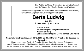 Anzeige von Berta Ludwig von Nordbayerischer Kurier