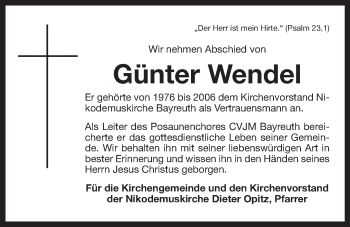 Anzeige von Günter Wendel von Nordbayerischer Kurier