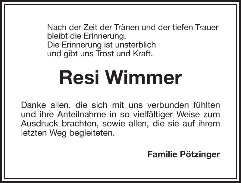  Traueranzeige für Resi Wimmer vom 13.12.2014 aus Nordbayerischer Kurier