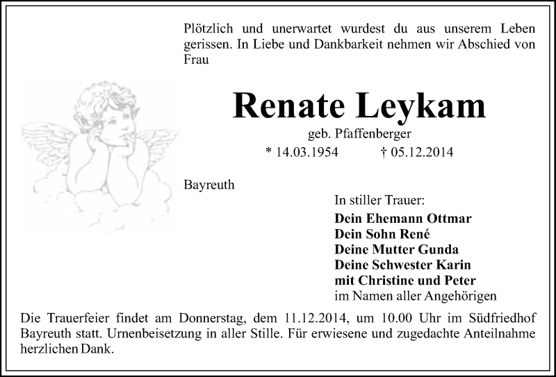  Traueranzeige für Renate Leykam vom 09.12.2014 aus Nordbayerischer Kurier