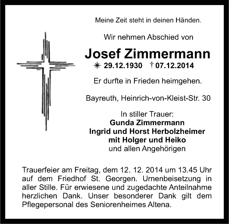  Traueranzeige für Josef Zimmermann vom 10.12.2014 aus Nordbayerischer Kurier