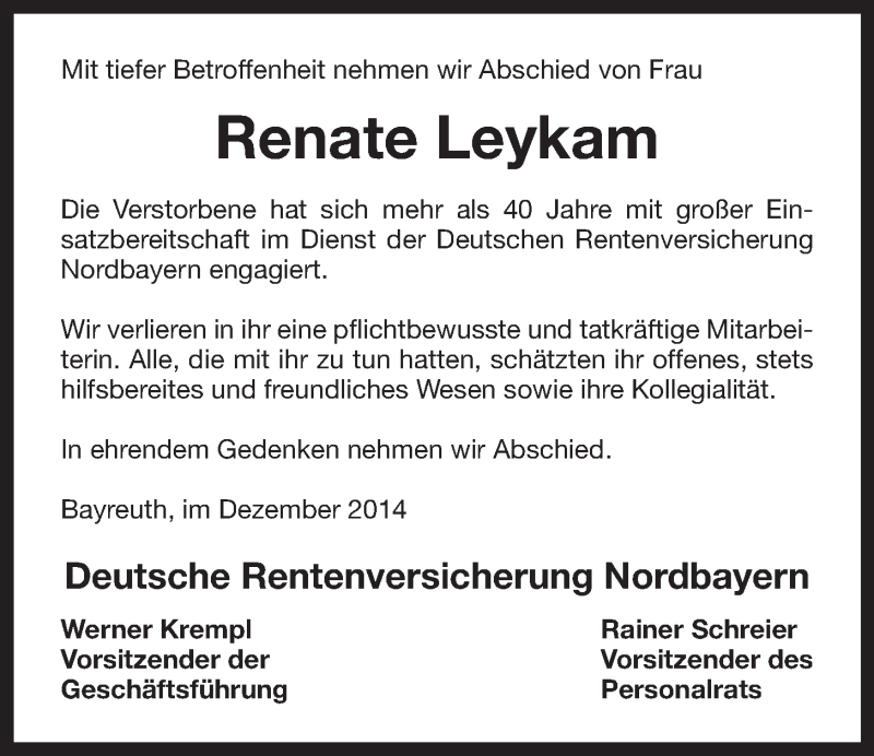  Traueranzeige für Renate Leykam vom 10.12.2014 aus Nordbayerischer Kurier