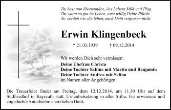 Anzeige von Erwin Klingenbeck von Nordbayerischer Kurier