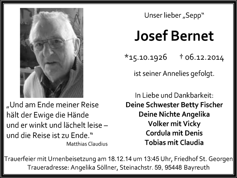  Traueranzeige für Josef Berneth vom 13.12.2014 aus Nordbayerischer Kurier