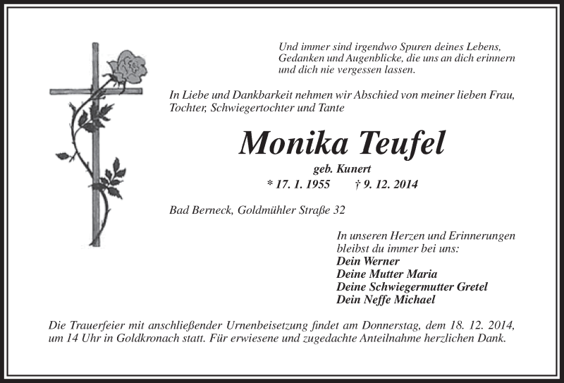  Traueranzeige für Monika Teufel vom 13.12.2014 aus Nordbayerischer Kurier