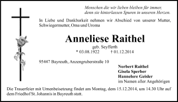 Anzeige von Anneliese Raithel von Nordbayerischer Kurier