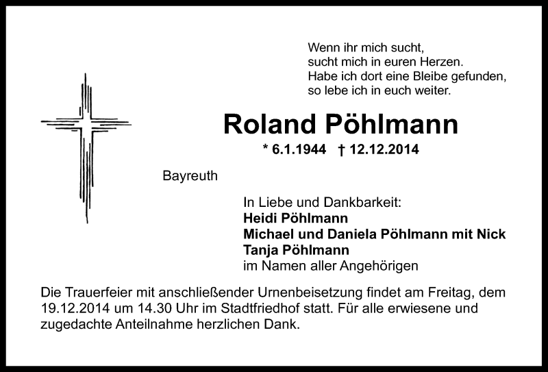  Traueranzeige für Roland Pöhlmann vom 13.12.2014 aus Nordbayerischer Kurier