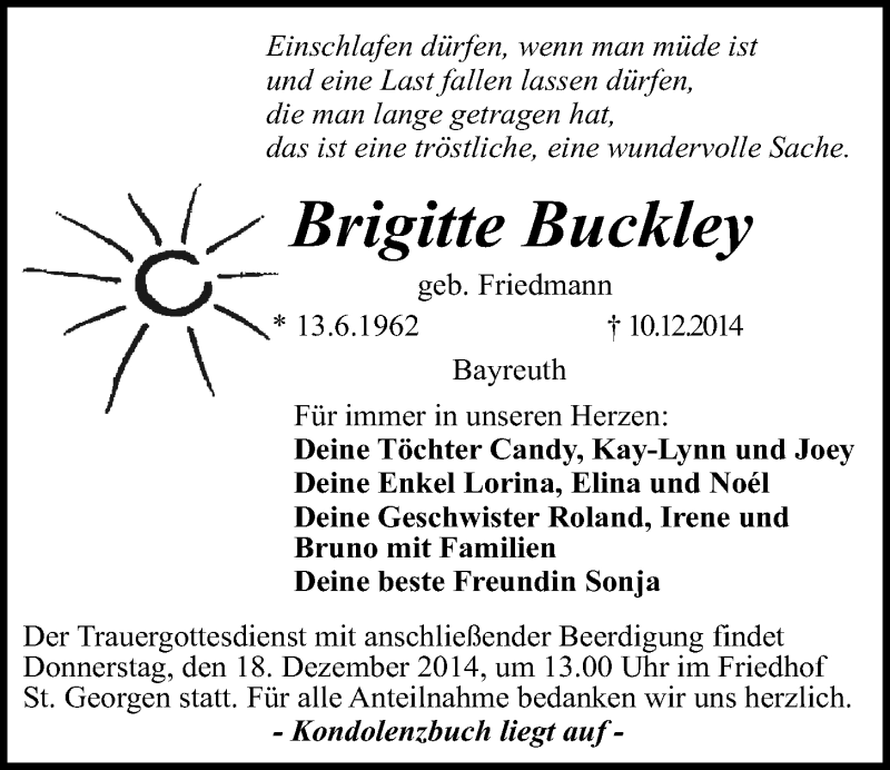  Traueranzeige für Brigitte Buckley vom 16.12.2014 aus Nordbayerischer Kurier