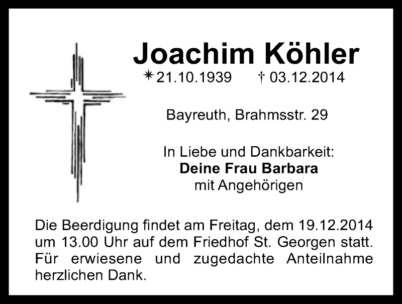  Traueranzeige für Joachim Köhler vom 18.12.2014 aus Nordbayerischer Kurier