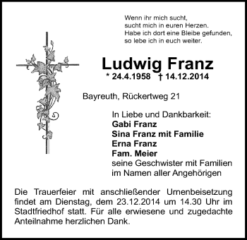 Anzeige von Ludwig Franz von Nordbayerischer Kurier