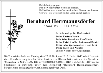 Anzeige von Bernhard Herrmannsdörfer von Nordbayerischer Kurier