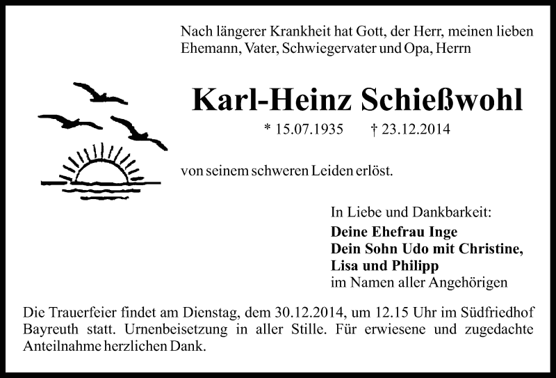  Traueranzeige für Karl-Heinz Schießwohl vom 27.12.2014 aus Nordbayerischer Kurier
