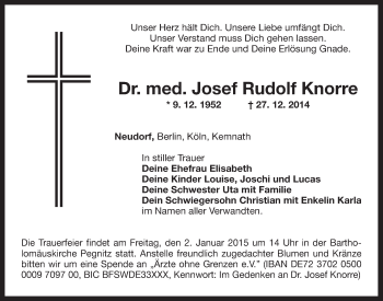 Anzeige von Josef Rudolf Knorre von Nordbayerischer Kurier