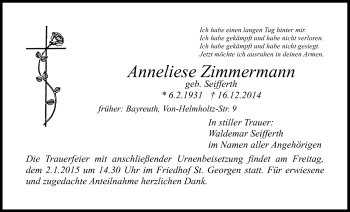 Anzeige von Anneliese Zimmermann von Nordbayerischer Kurier