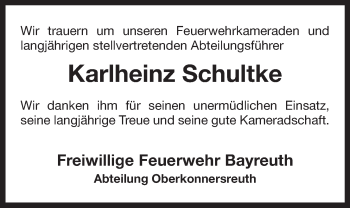 Anzeige von Karlheinz Schultke von Nordbayerischer Kurier
