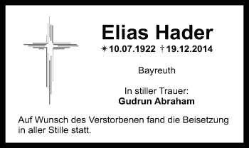 Anzeige von Elias Hader von Nordbayerischer Kurier