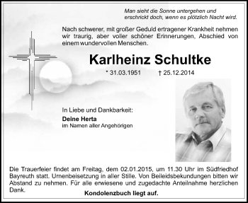 Anzeige von Karlheinz Schultke von Nordbayerischer Kurier