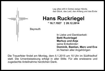 Anzeige von Hans Ruckriegel von Nordbayerischer Kurier