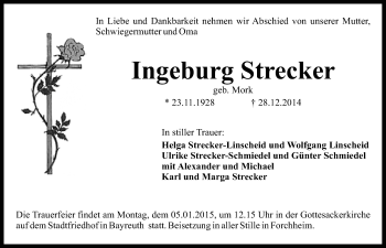 Anzeige von Ingeburg Strecker von Nordbayerischer Kurier