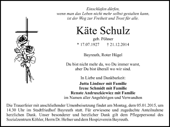Anzeige von Käte Schulz von Nordbayerischer Kurier