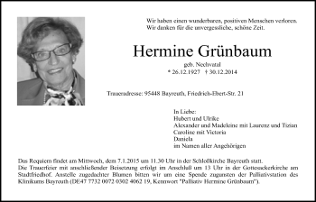 Anzeige von Hermine Grünbaum von Nordbayerischer Kurier