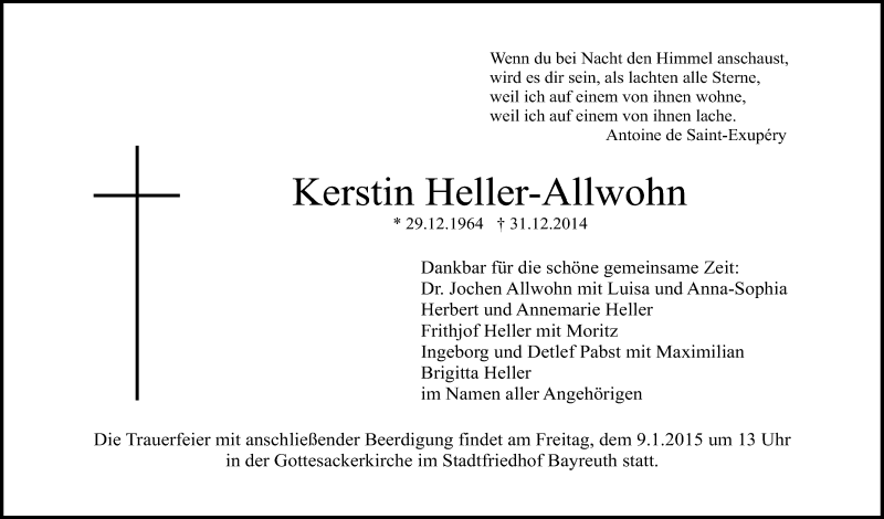  Traueranzeige für Kerstin Heller-Allwohn vom 03.01.2015 aus Nordbayerischer Kurier