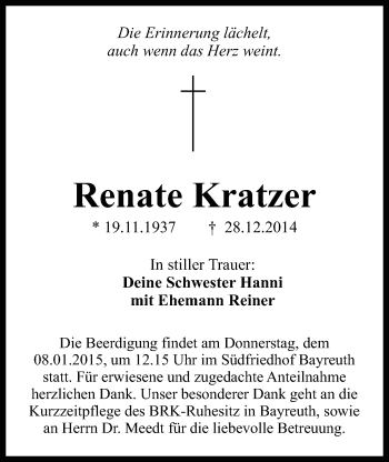Anzeige von Renate Kratzer von Nordbayerischer Kurier