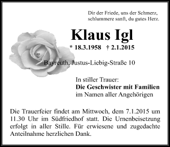 Anzeige von Klaus Igl von Nordbayerischer Kurier
