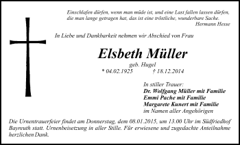 Anzeige von Elsbeth Müller von Nordbayerischer Kurier