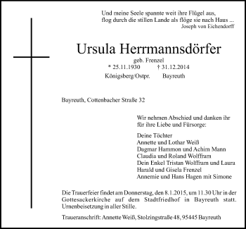 Anzeige von Ursula Herrmannsdörfer von Nordbayerischer Kurier