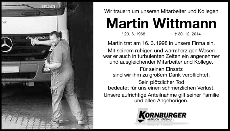  Traueranzeige für Martin Wittmann vom 08.01.2015 aus Nordbayerischer Kurier