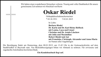 Anzeige von Oskar Riedel von Nordbayerischer Kurier