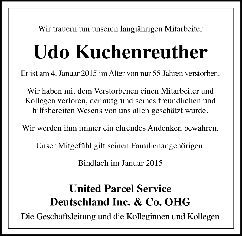  Traueranzeige für Udo Kuchenreuther vom 08.01.2015 aus Nordbayerischer Kurier