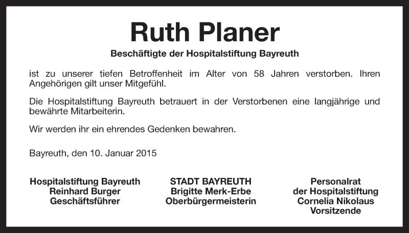  Traueranzeige für Ruth Planer vom 10.01.2015 aus Nordbayerischer Kurier