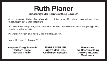 Anzeige von Ruth Planer von Nordbayerischer Kurier
