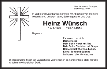 Anzeige von Heinz Wünsch von Nordbayerischer Kurier
