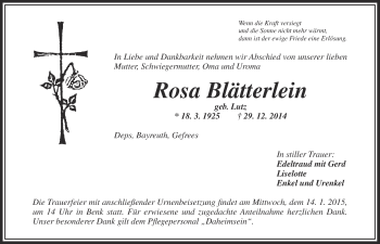 Anzeige von Rosa Blätterlein von Nordbayerischer Kurier