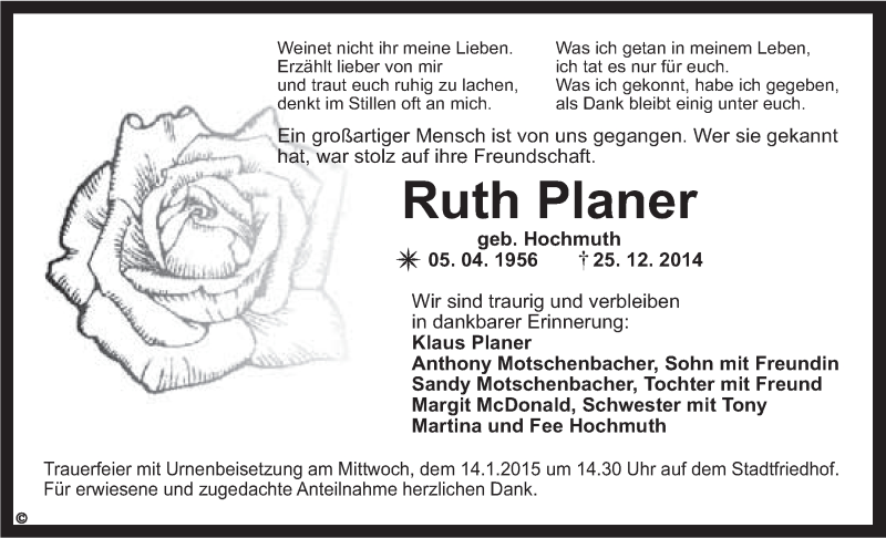  Traueranzeige für Ruth Planer vom 10.01.2015 aus Nordbayerischer Kurier