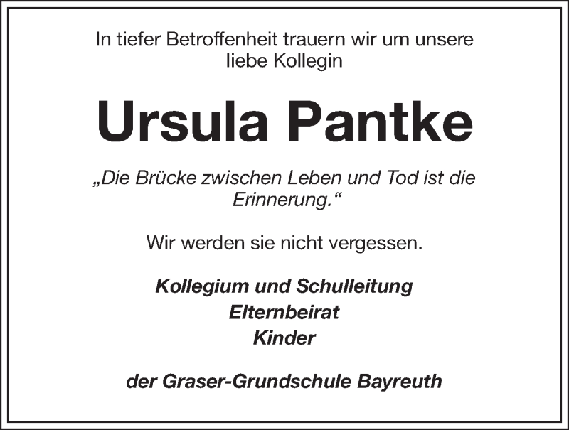  Traueranzeige für Ursula Pantke vom 10.01.2015 aus Nordbayerischer Kurier
