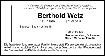 Anzeige von Berthold Wetz von Nordbayerischer Kurier