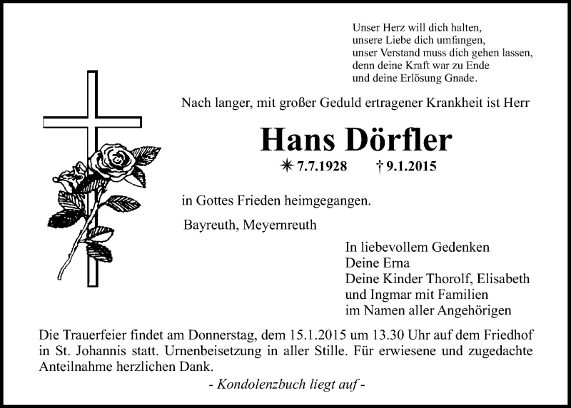  Traueranzeige für Hans Dörfler vom 13.01.2015 aus Nordbayerischer Kurier