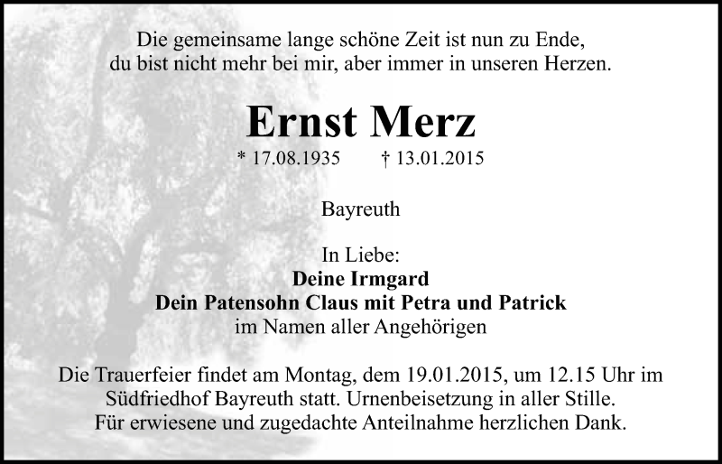 Traueranzeige für Ernst Merz vom 17.01.2015 aus Nordbayerischer Kurier