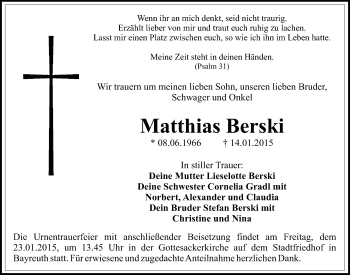 Anzeige von Matthias Berski von Nordbayerischer Kurier