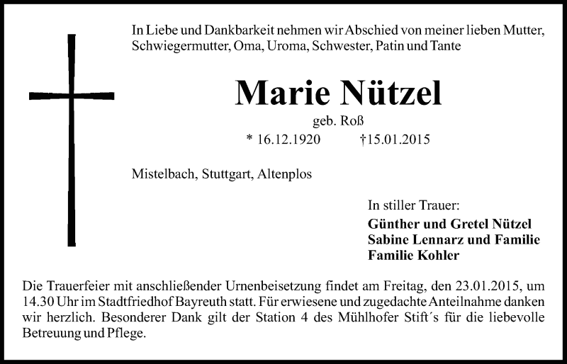  Traueranzeige für Marie Nützel vom 20.01.2015 aus Nordbayerischer Kurier