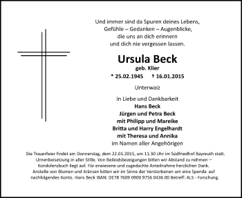 Anzeige von Ursula Beck von Nordbayerischer Kurier