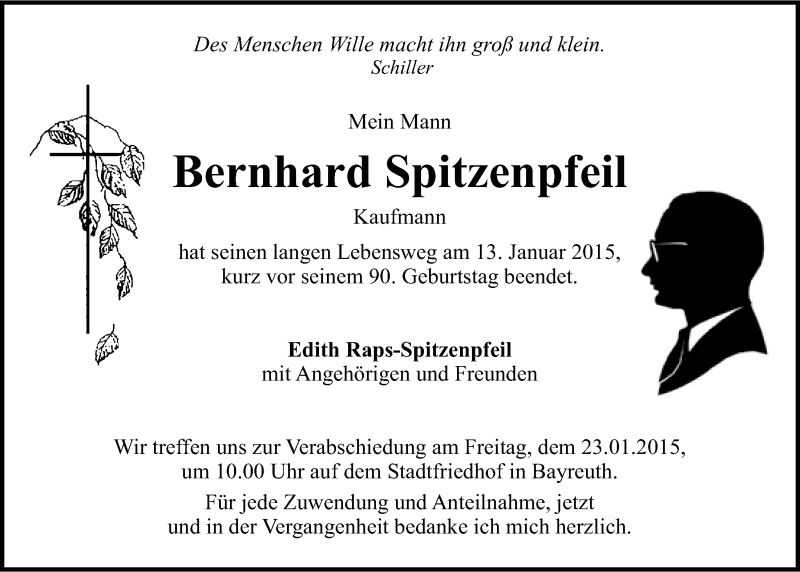  Traueranzeige für Bernhard Spitzenpfeil vom 21.01.2015 aus Nordbayerischer Kurier