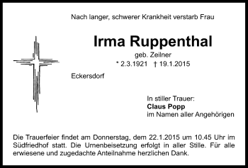 Anzeige von Irma Ruppenthal von Nordbayerischer Kurier