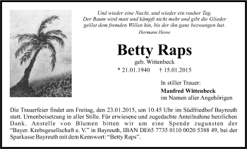 Anzeige von Betty Raps von Nordbayerischer Kurier