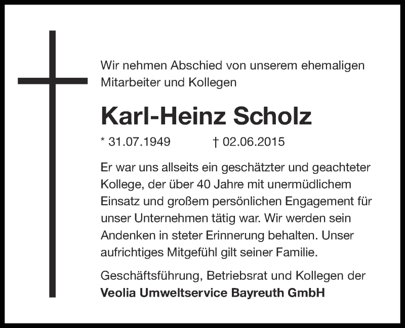  Traueranzeige für Karl-Heinz Scholz vom 09.06.2015 aus Nordbayerischer Kurier